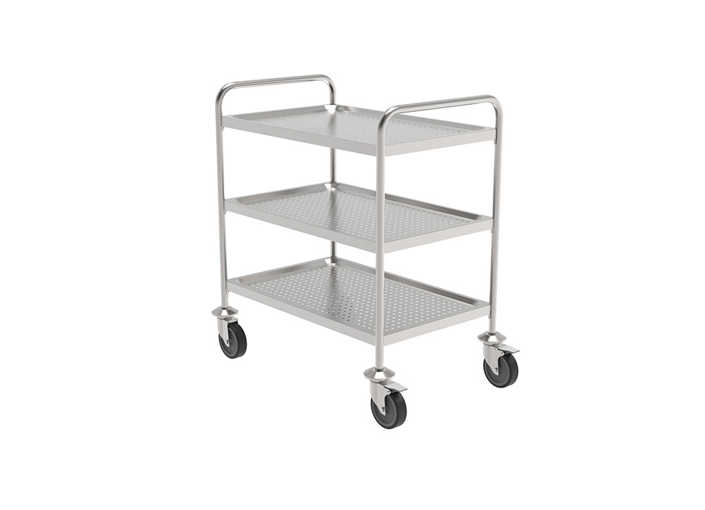 SERVICE-TROLLEY-WITH-3-SCREWED-WELDED-PERFORATED-SHELVES-ON-ANTI-TRACE-CUSTORS